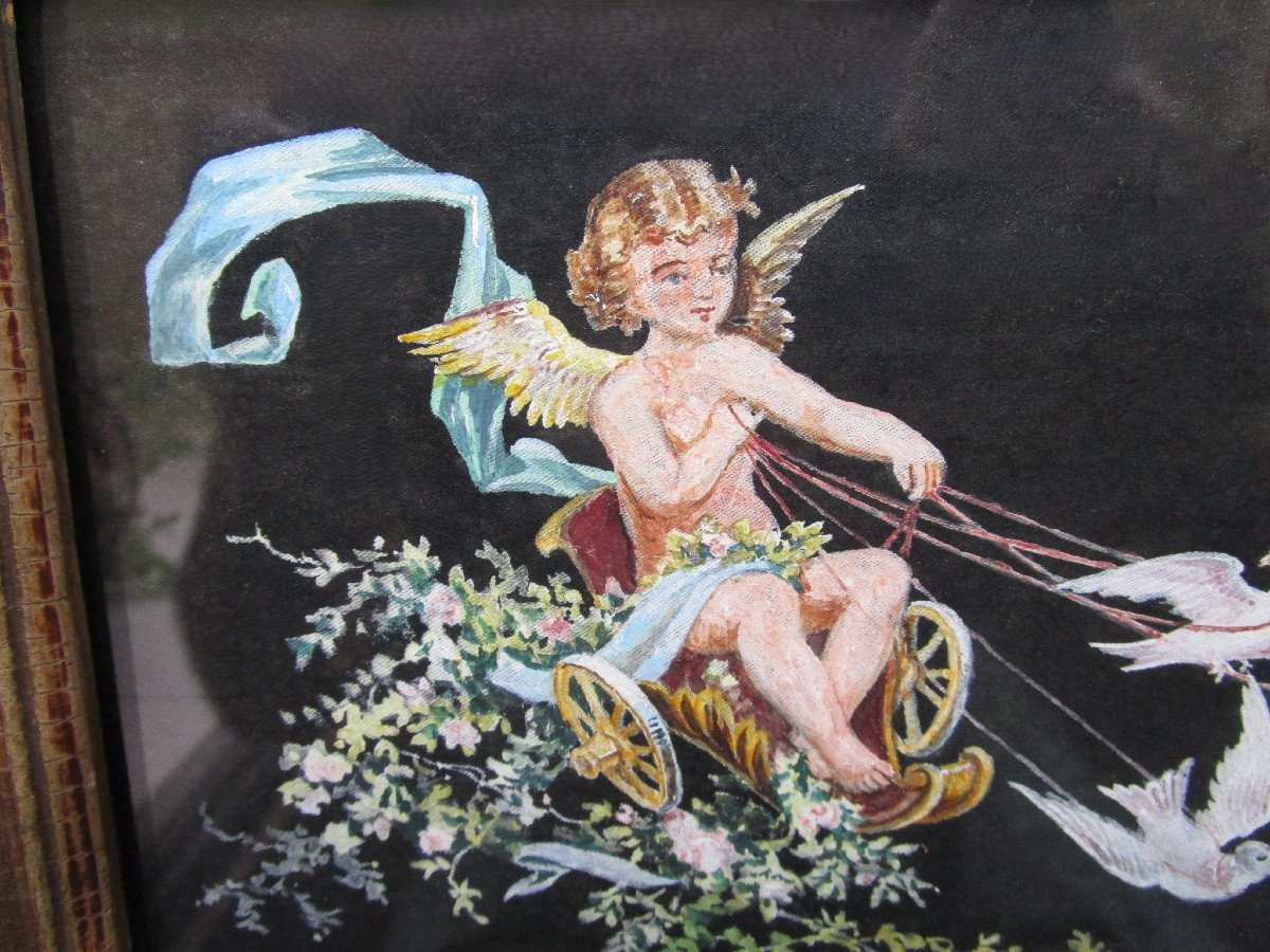 Very Beautiful Small Gouache On Silk Old Painting Angel Cherub Love Chariot Pulled By Doves-photo-4