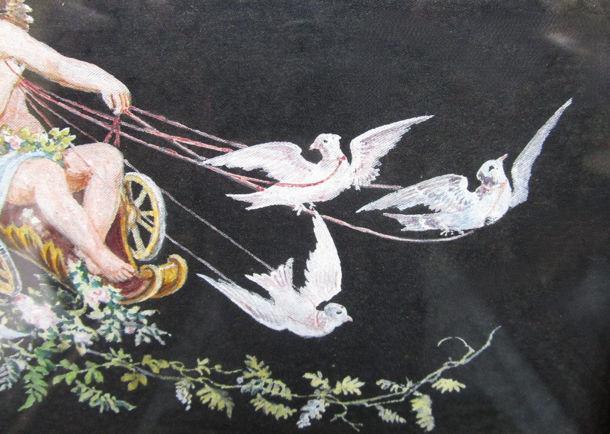 Very Beautiful Small Gouache On Silk Old Painting Angel Cherub Love Chariot Pulled By Doves-photo-1