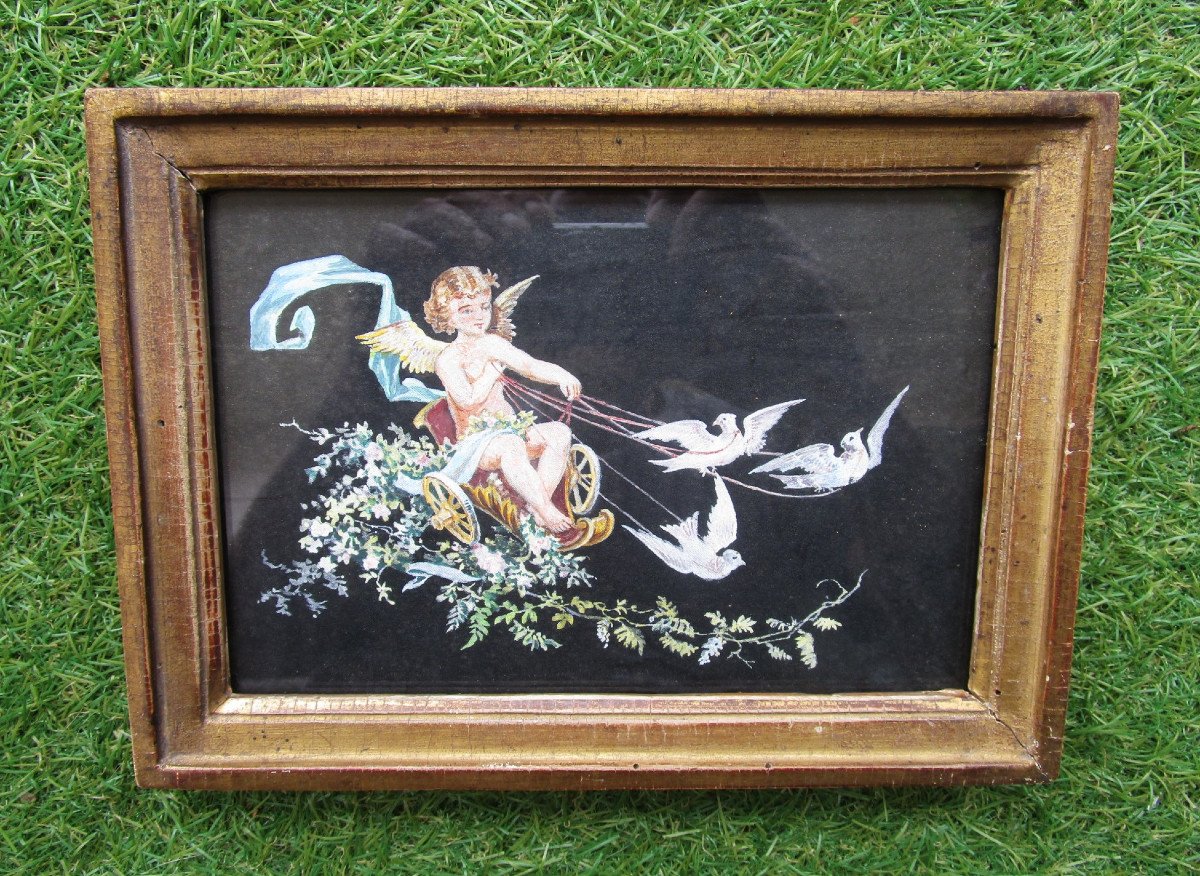 Very Beautiful Small Gouache On Silk Old Painting Angel Cherub Love Chariot Pulled By Doves