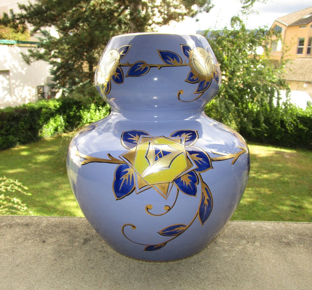 Pinon Heuzé Superb Art Deco Enameled Vase Signed In Tours Earthenware, Coloquinte Shape Circa 1925.-photo-2