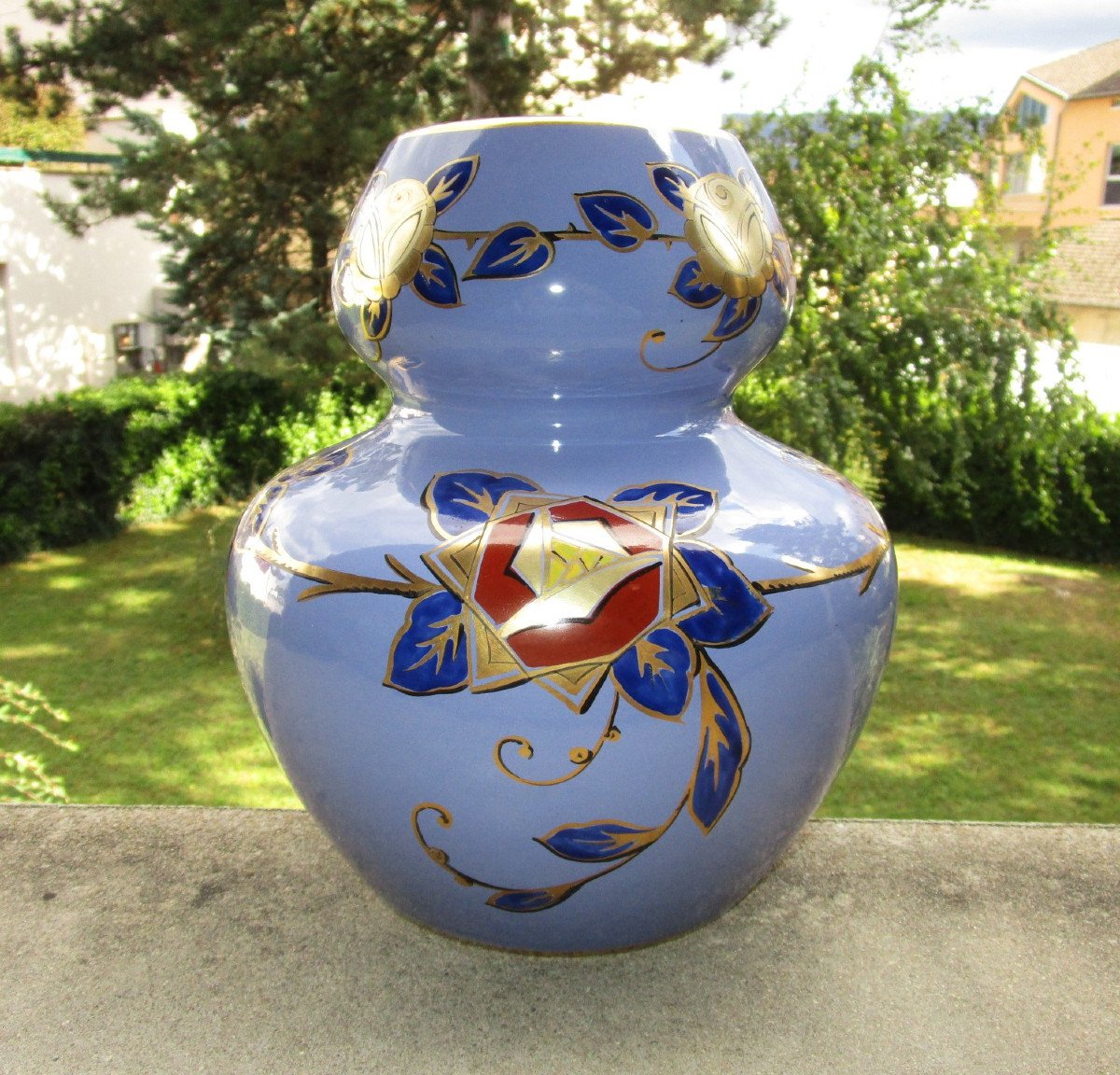 Pinon Heuzé Superb Art Deco Enameled Vase Signed In Tours Earthenware, Coloquinte Shape Circa 1925.-photo-3