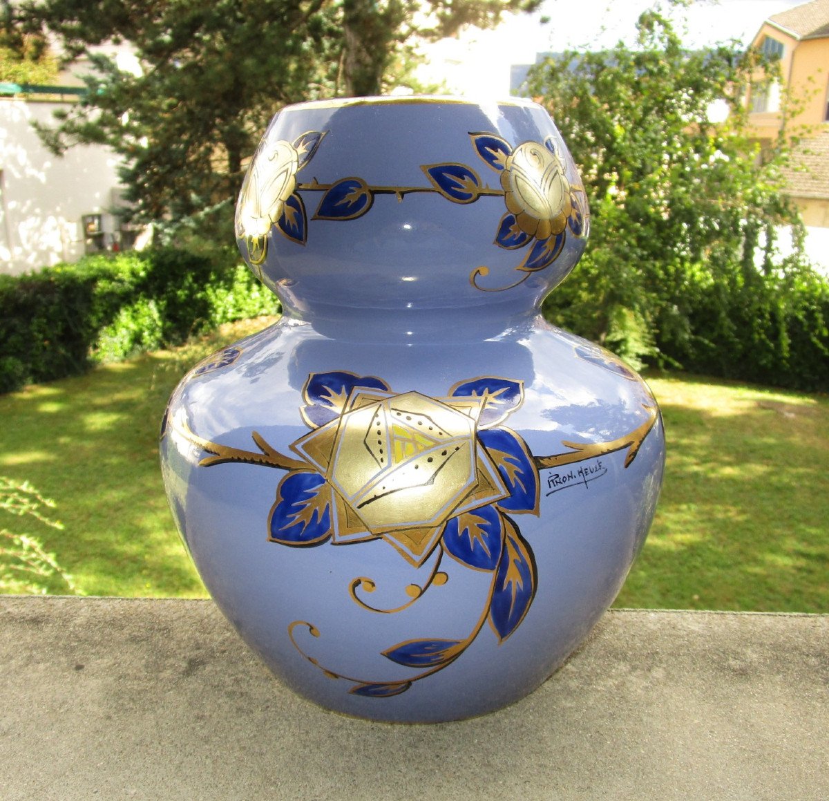 Pinon Heuzé Superb Art Deco Enameled Vase Signed In Tours Earthenware, Coloquinte Shape Circa 1925.-photo-4