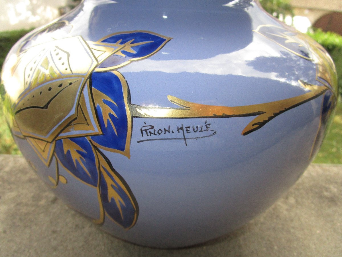 Pinon Heuzé Superb Art Deco Enameled Vase Signed In Tours Earthenware, Coloquinte Shape Circa 1925.-photo-2