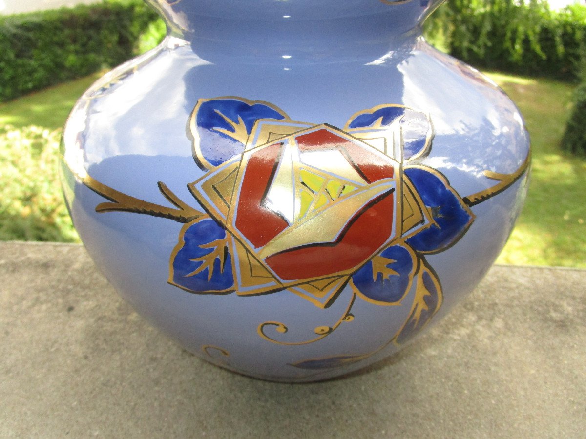 Pinon Heuzé Superb Art Deco Enameled Vase Signed In Tours Earthenware, Coloquinte Shape Circa 1925.-photo-3