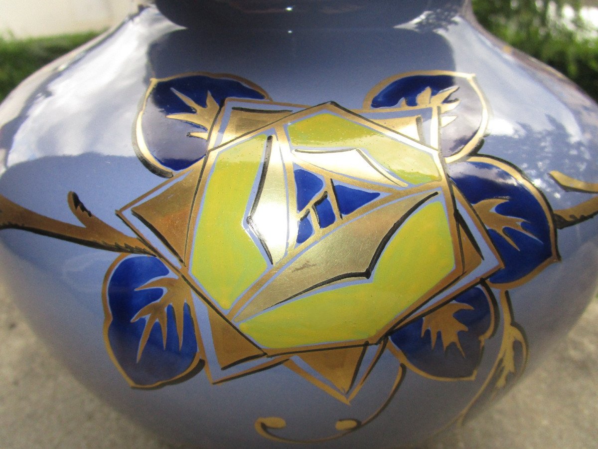 Pinon Heuzé Superb Art Deco Enameled Vase Signed In Tours Earthenware, Coloquinte Shape Circa 1925.-photo-4