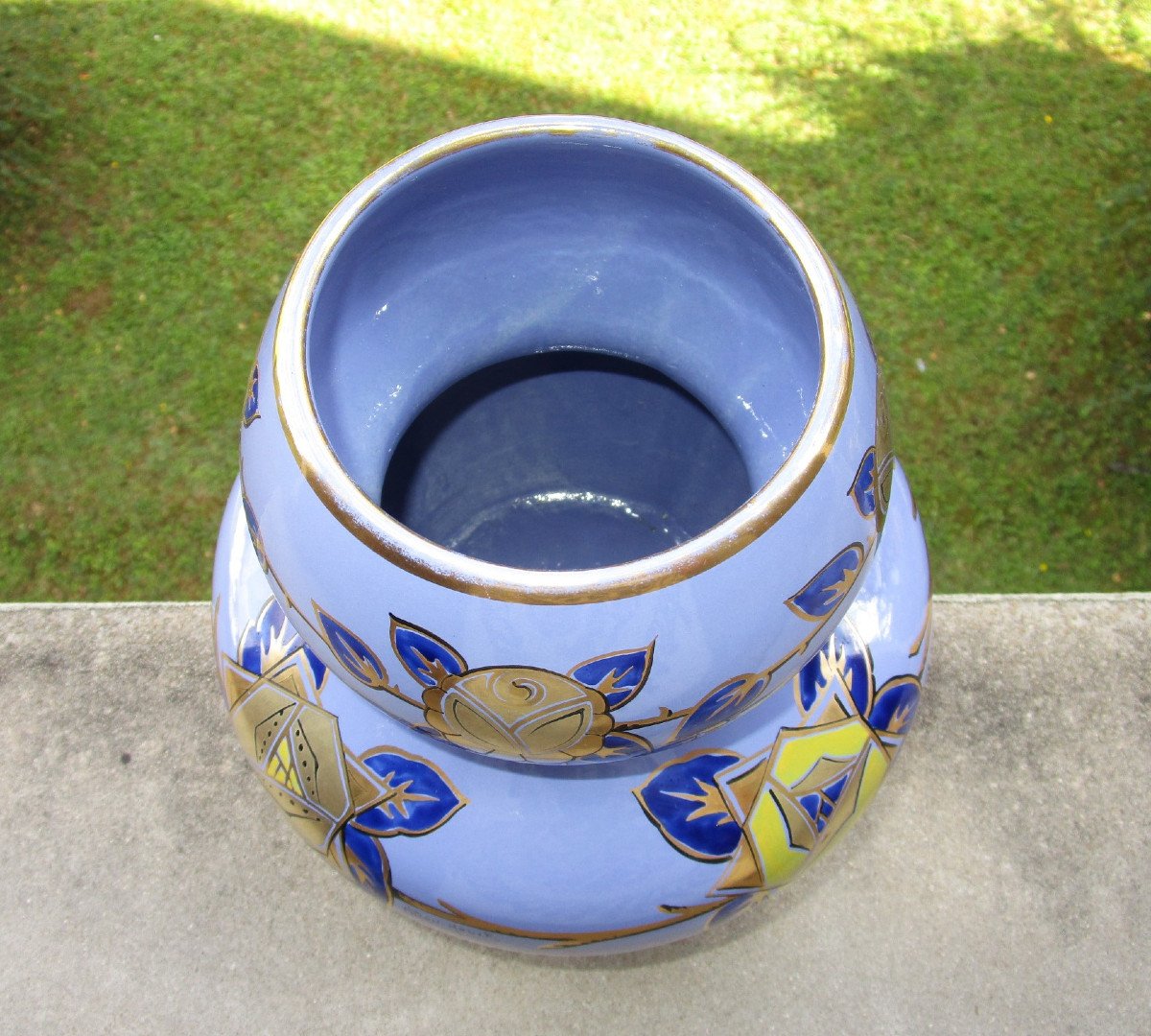 Pinon Heuzé Superb Art Deco Enameled Vase Signed In Tours Earthenware, Coloquinte Shape Circa 1925.-photo-5