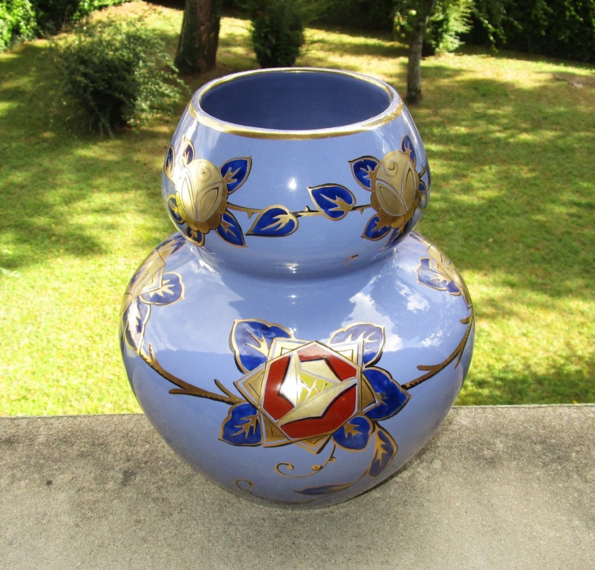 Pinon Heuzé Superb Art Deco Enameled Vase Signed In Tours Earthenware, Coloquinte Shape Circa 1925.