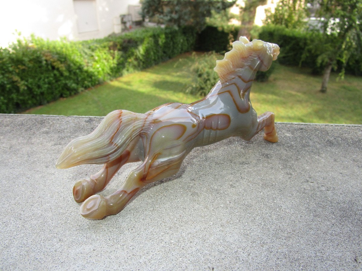 China, Very Beautiful Hard Stone Horse Mid 20th Century, Natural Agate, Sculpture In Perfect Condition.-photo-3