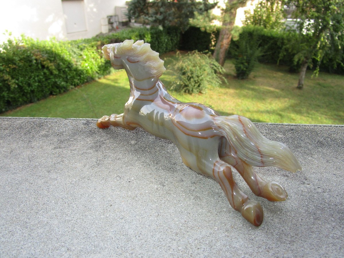 China, Very Beautiful Hard Stone Horse Mid 20th Century, Natural Agate, Sculpture In Perfect Condition.-photo-4