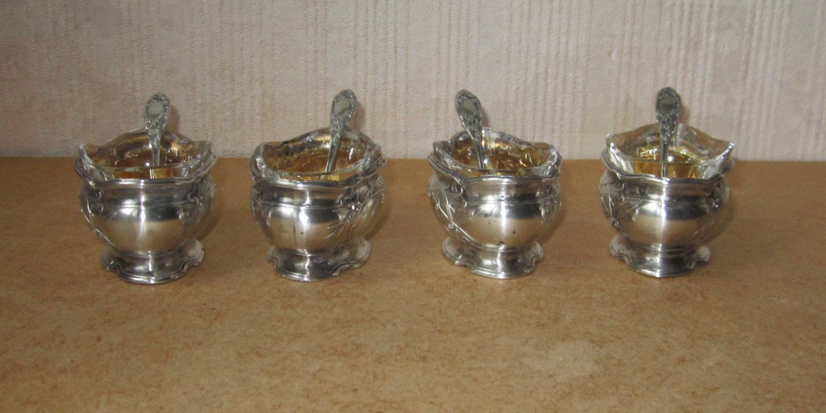 Emile Puiforcat, Beautiful Box Of 4 Salt Cellars And Their Spoons In Solid Art Nouveau Silver.-photo-4