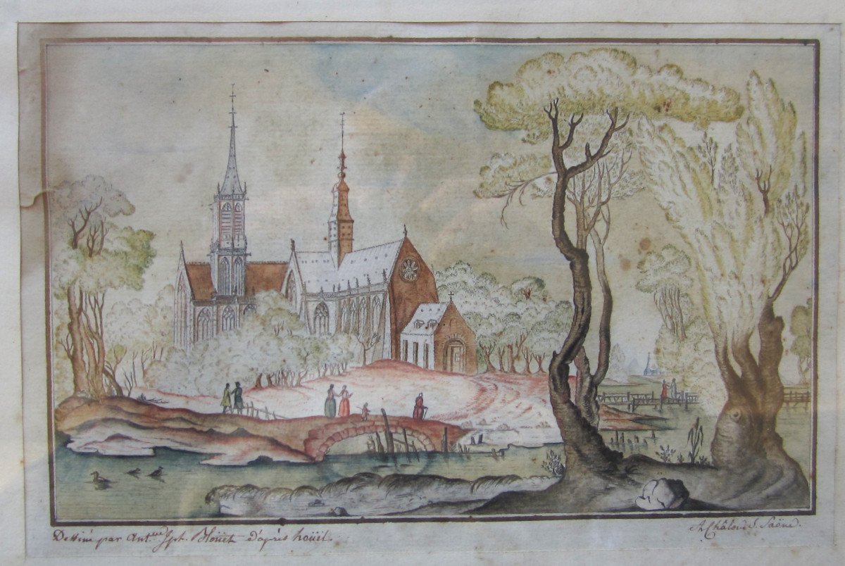 Very Beautiful Watercolor Drawing End Of 18th Century Or Very Early 19th Century Chalon Sur Saône Painting Signed Blouët.-photo-3