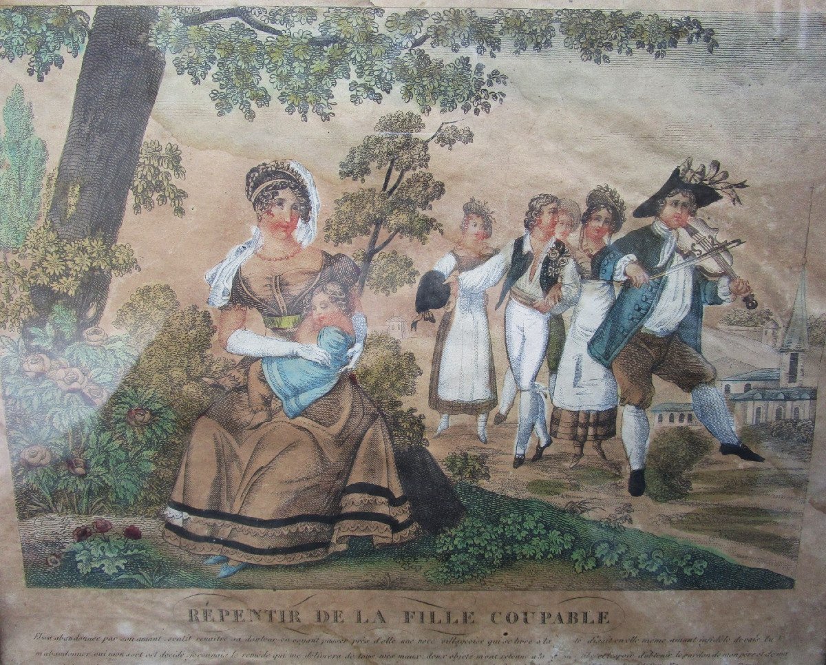 Belle Eau-forte En Couleurs Vers 1820 Repentir De La Fille Coupable Bégat Paris Elisa Eau Forte-photo-3