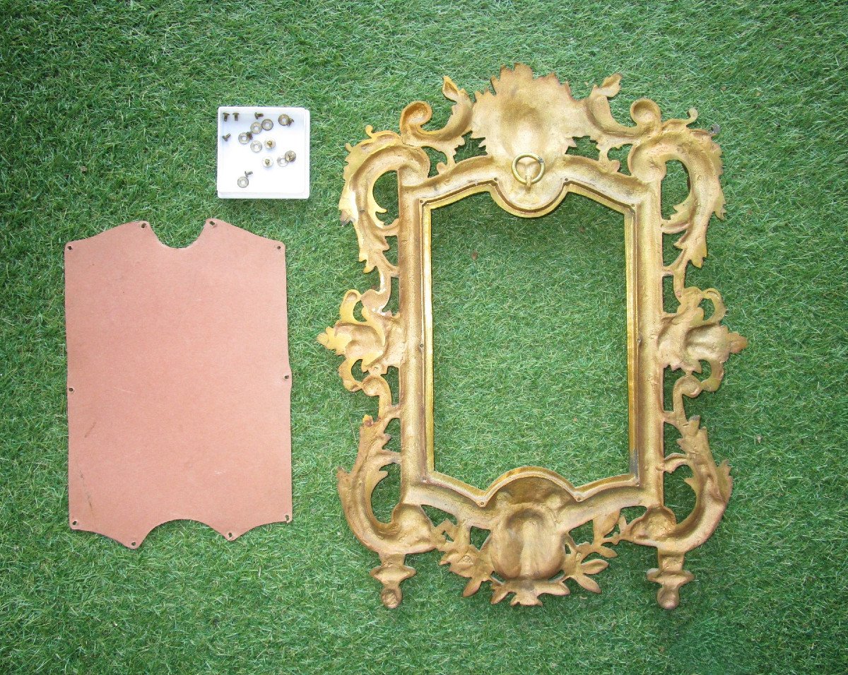 Very Beautiful Gilt Bronze Hanging Frame For Mirror, Apollo Head And Faun Head, 47 Cm.-photo-3