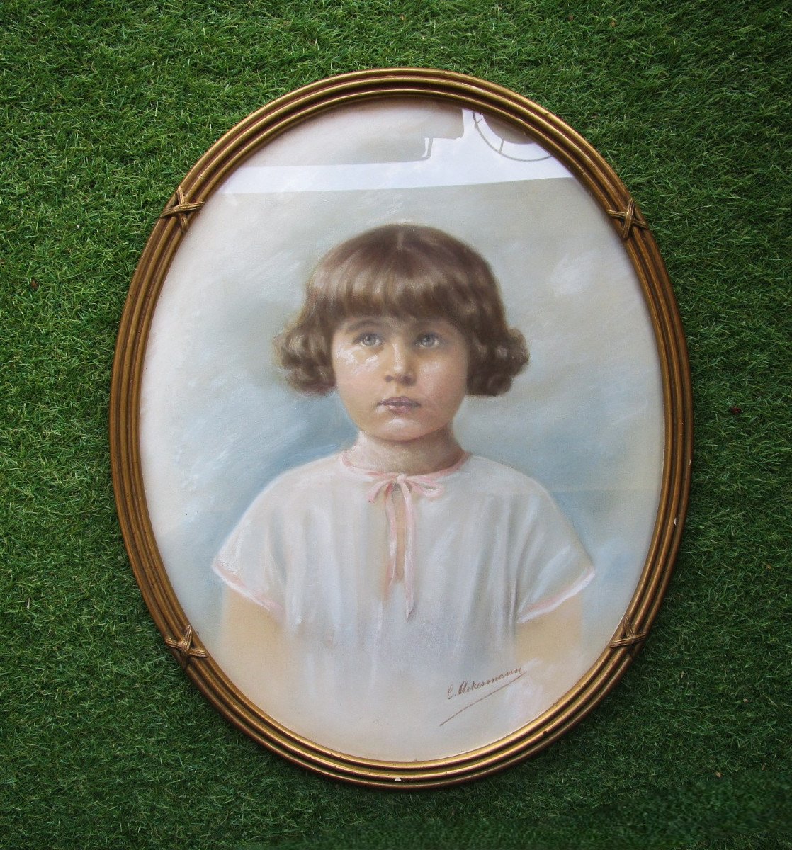 Very Beautiful Art Deco Pastel Framed Under Glass, Young Girl, Child, Painting Signed Ackermann.-photo-2