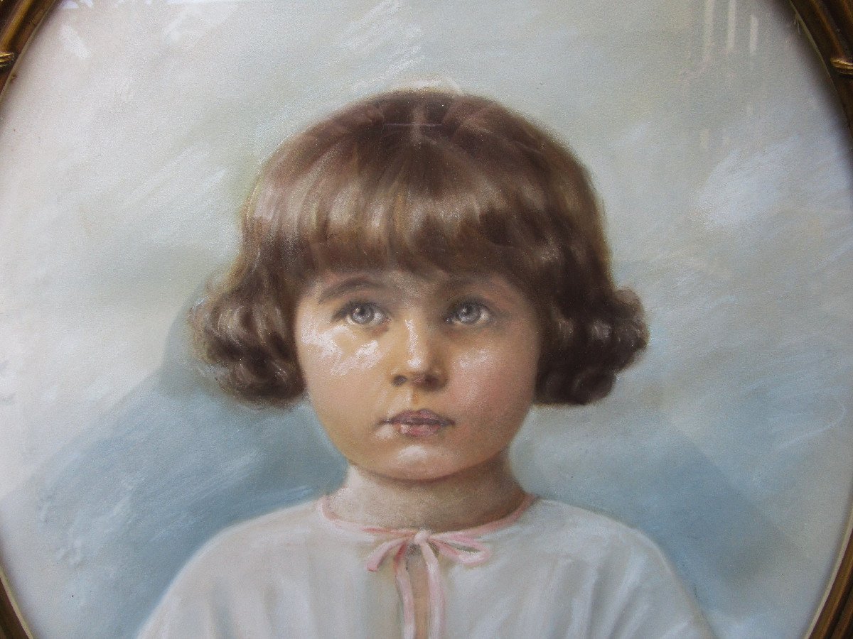 Très Beau Pastel Art Déco Encadré Sous Vitre, Jeune Fille, Enfant, Tableau Signé Ackermann.-photo-3