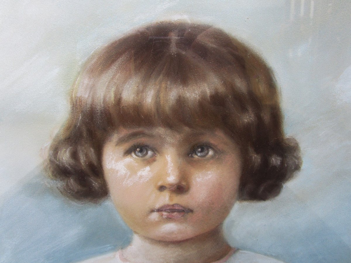 Très Beau Pastel Art Déco Encadré Sous Vitre, Jeune Fille, Enfant, Tableau Signé Ackermann.-photo-4