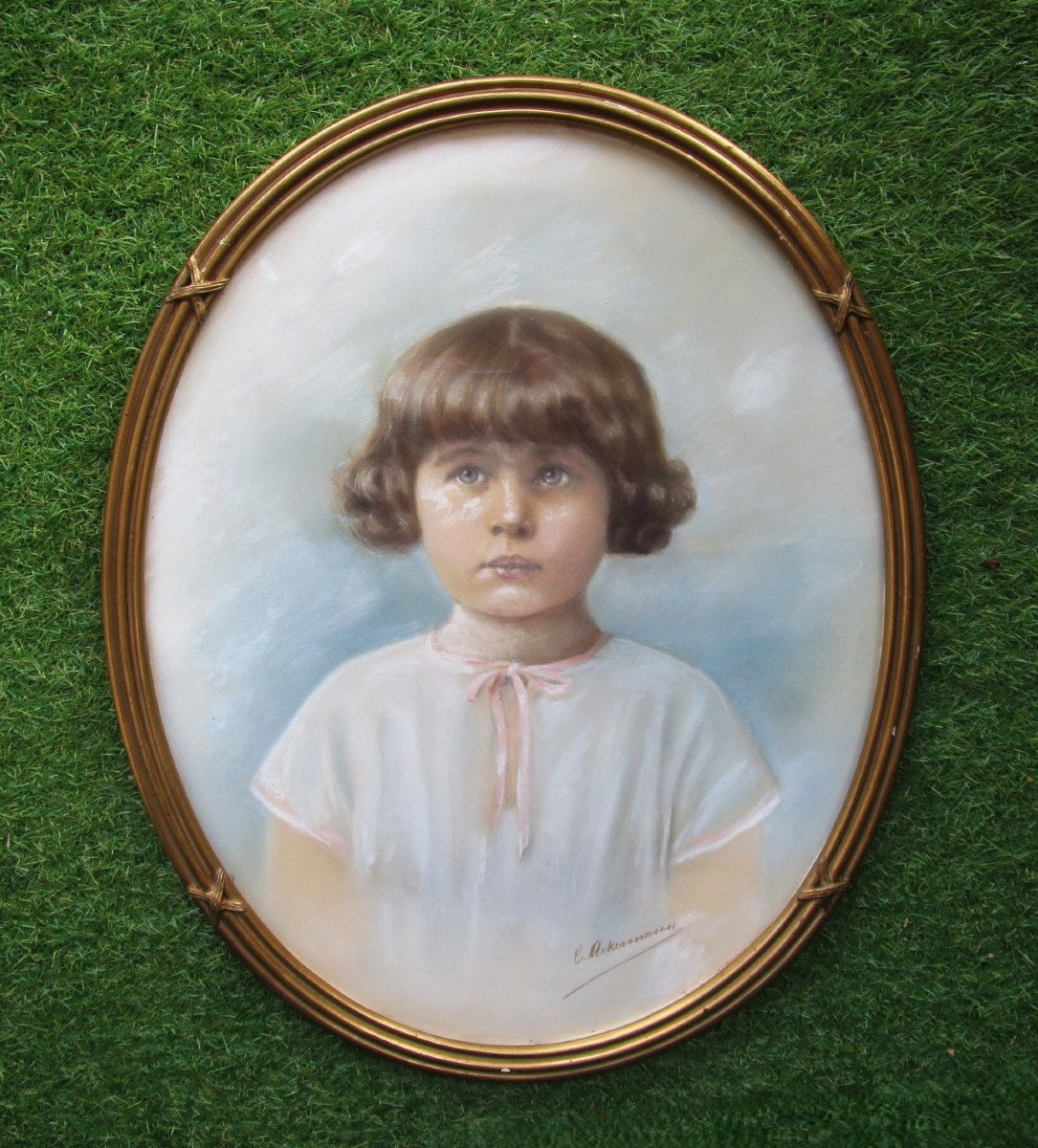 Very Beautiful Art Deco Pastel Framed Under Glass, Young Girl, Child, Painting Signed Ackermann.