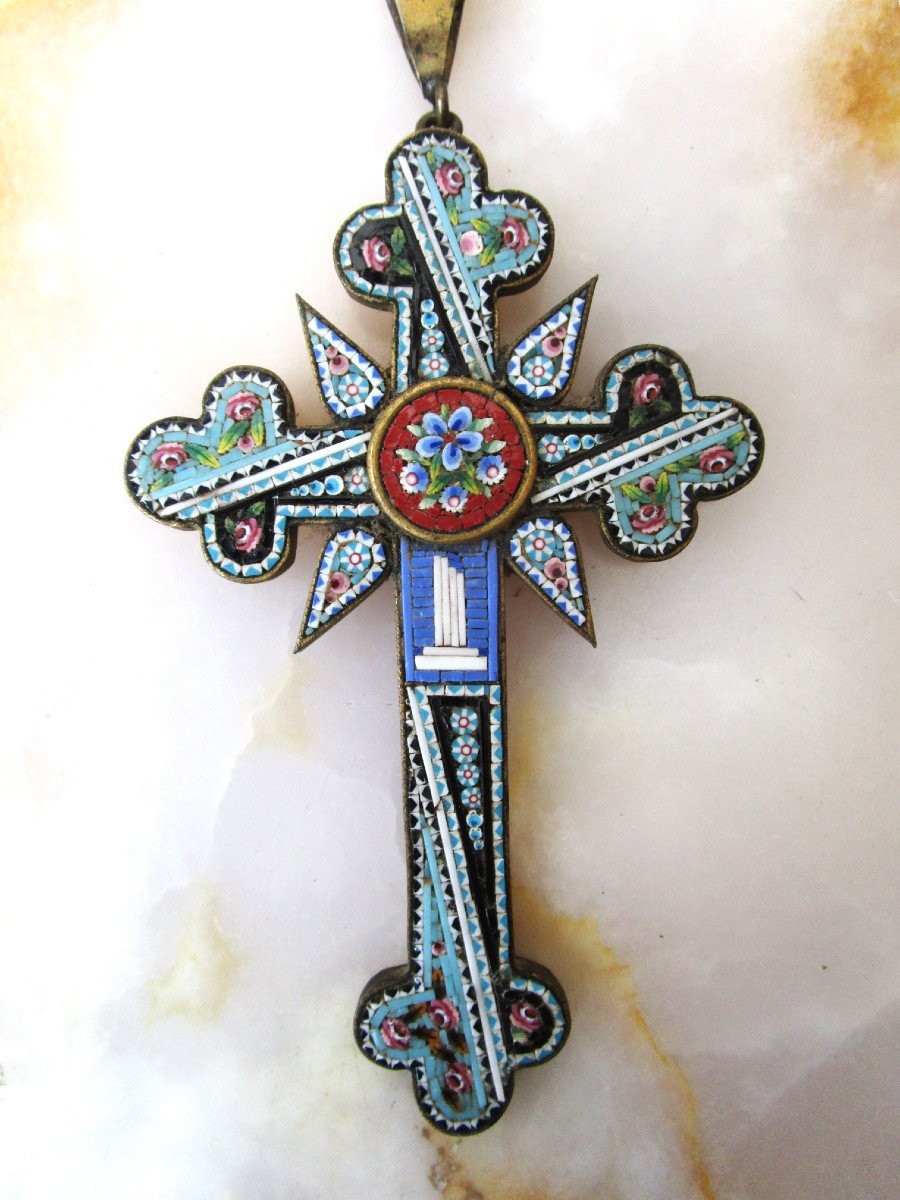 Very Beautiful Large Cross Pendant In Micromosaic With Micro Mosaic Flower Decor.-photo-2