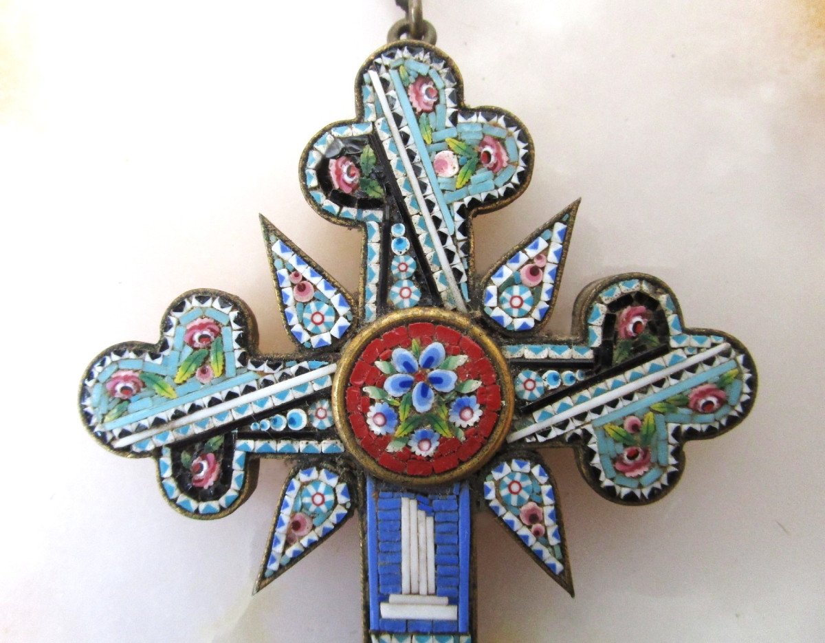 Very Beautiful Large Cross Pendant In Micromosaic With Micro Mosaic Flower Decor.-photo-3