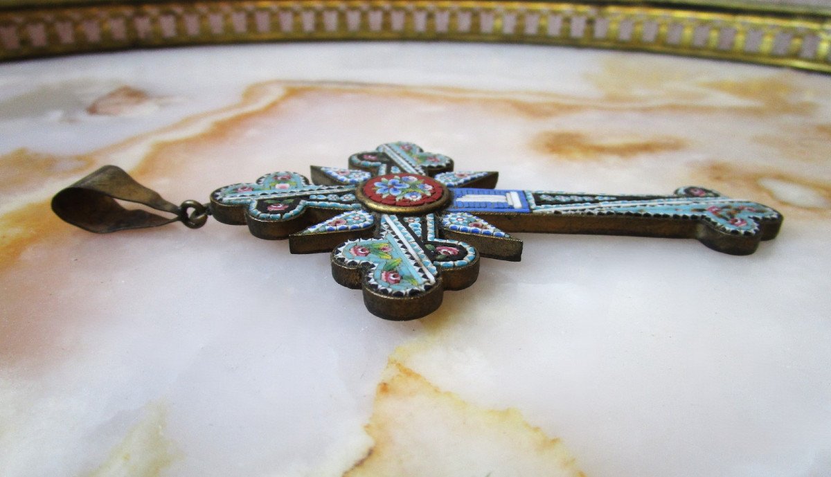 Very Beautiful Large Cross Pendant In Micromosaic With Micro Mosaic Flower Decor.-photo-1