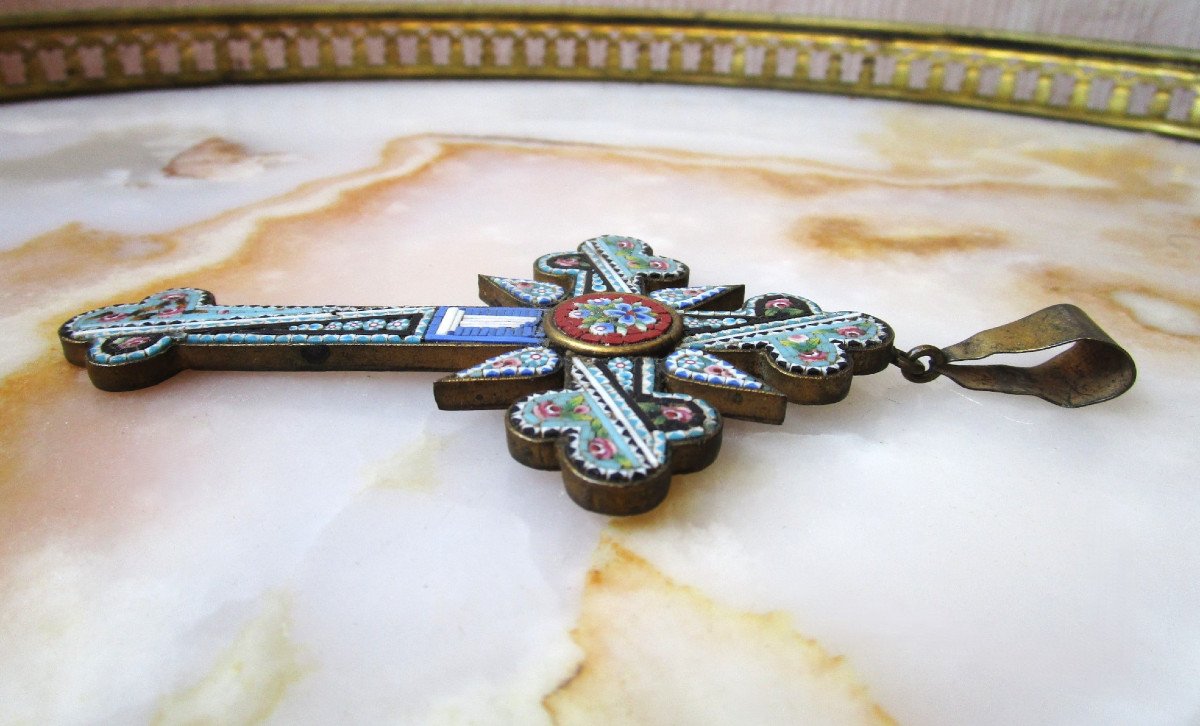 Very Beautiful Large Cross Pendant In Micromosaic With Micro Mosaic Flower Decor.-photo-2