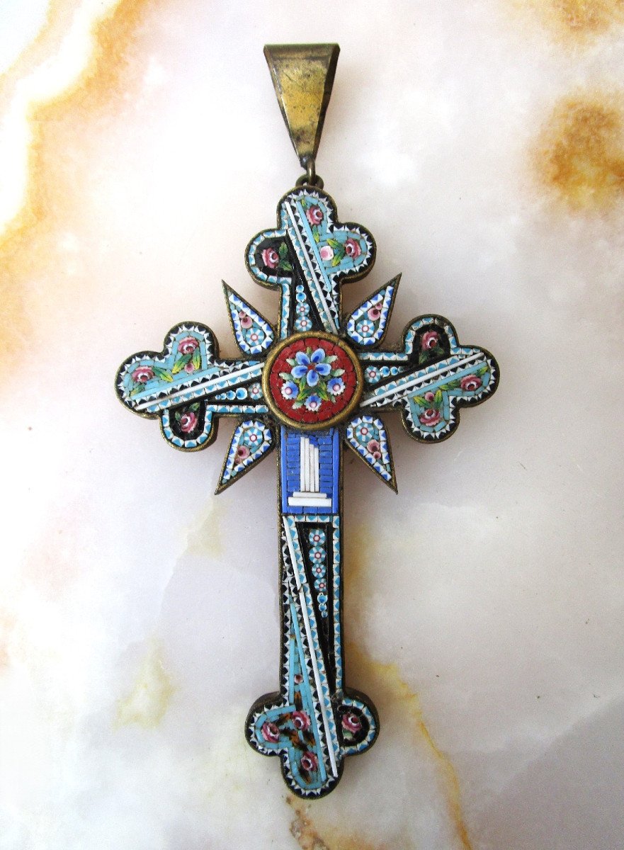 Very Beautiful Large Cross Pendant In Micromosaic With Micro Mosaic Flower Decor.