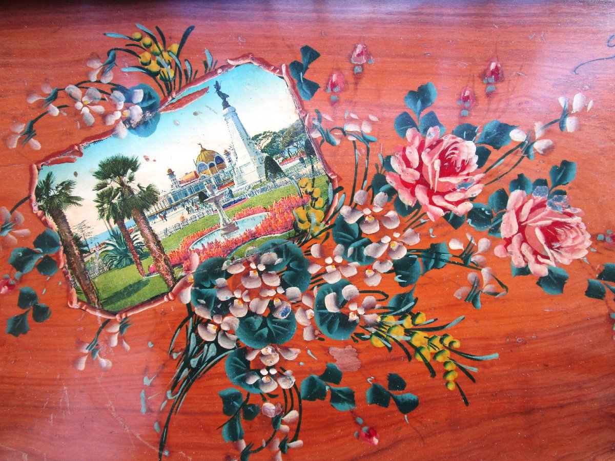 Très Beau Plateau En Bois d'Olivier Souvenir De Nice Début XXe Art Nouveau Tableau De Fleurs -photo-2