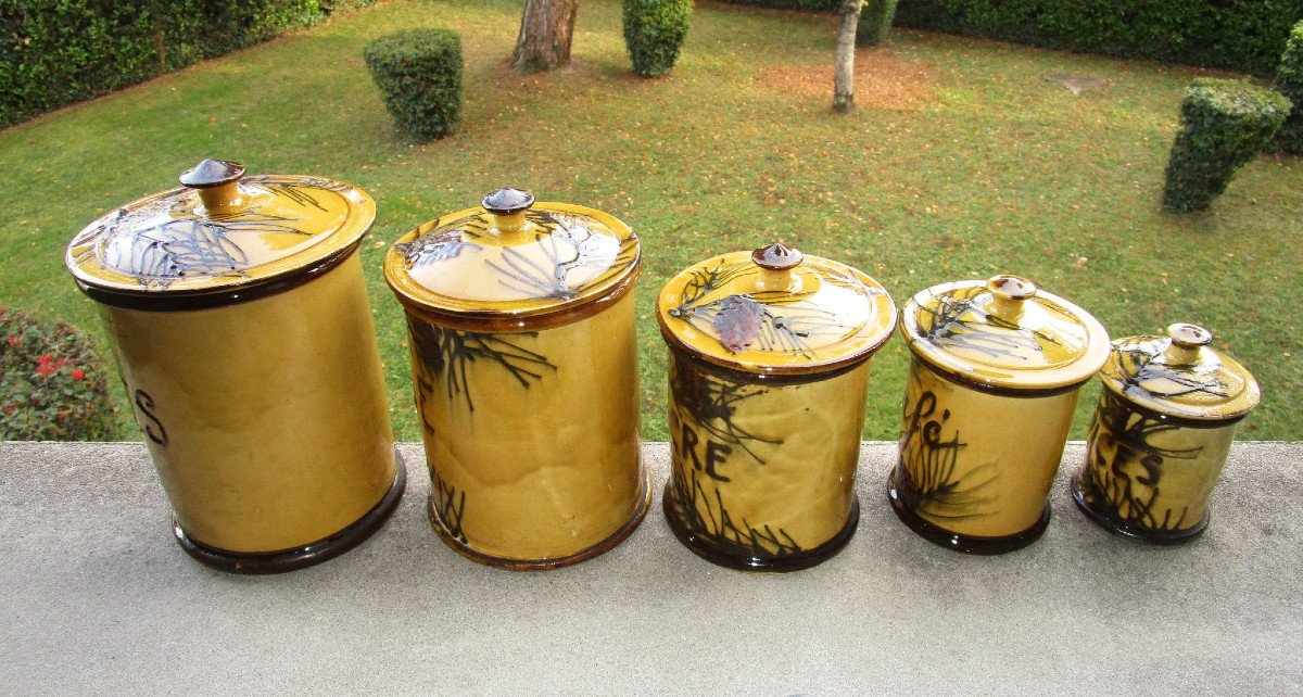 Very Beautiful Series Of Earthenware And Barbotine Spice Jars Decorated With Branches And Pine Cones.-photo-2