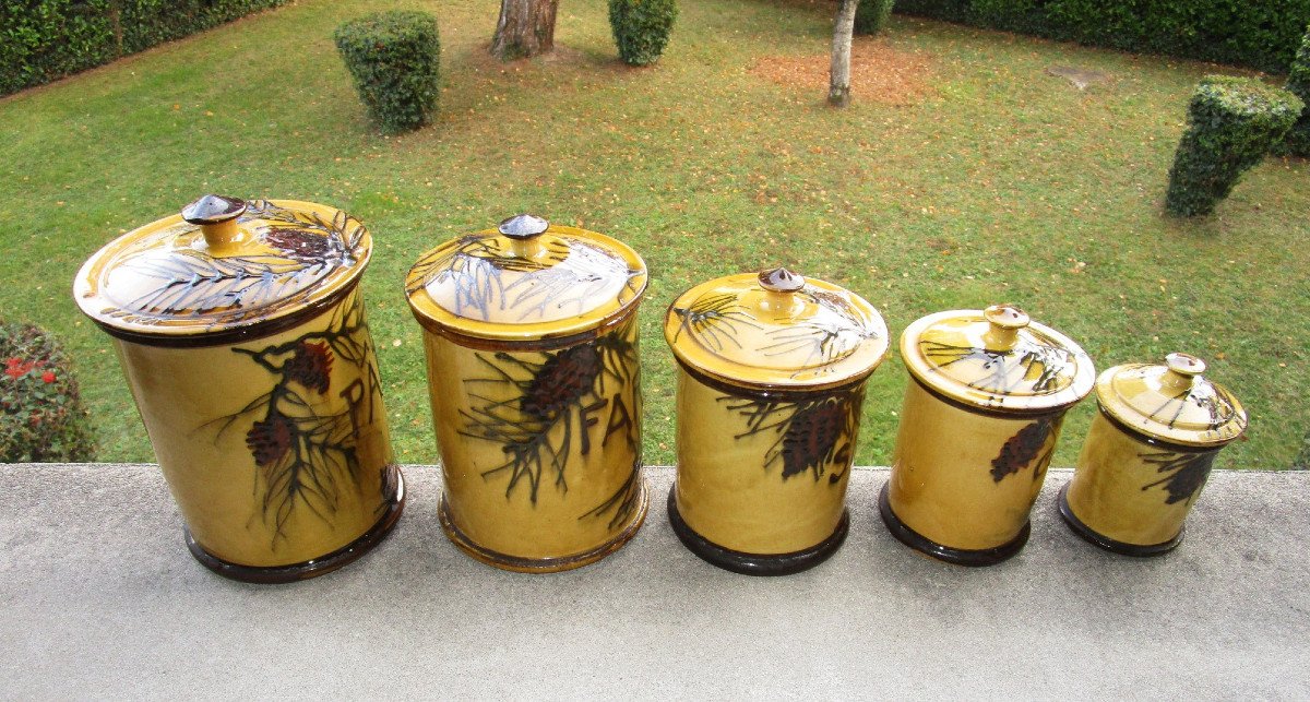 Very Beautiful Series Of Earthenware And Barbotine Spice Jars Decorated With Branches And Pine Cones.-photo-4