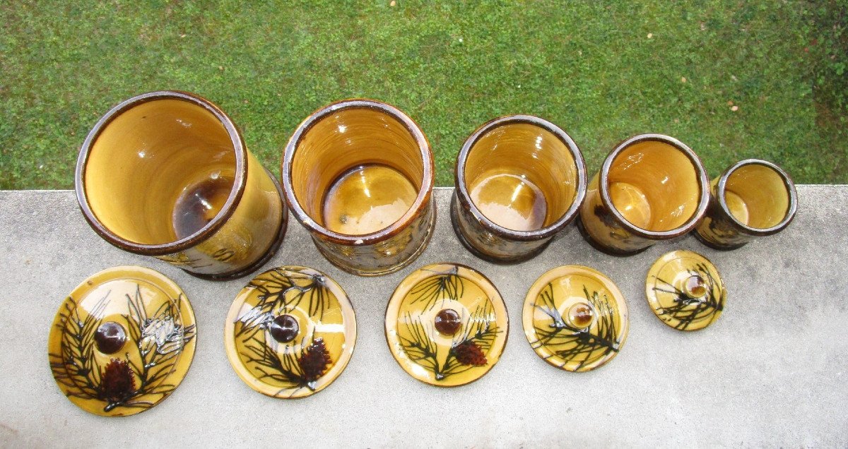 Very Beautiful Series Of Earthenware And Barbotine Spice Jars Decorated With Branches And Pine Cones.-photo-1