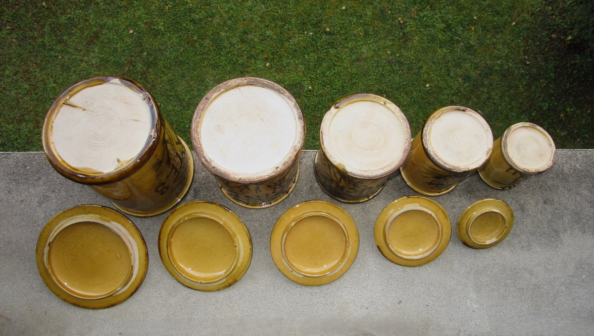 Very Beautiful Series Of Earthenware And Barbotine Spice Jars Decorated With Branches And Pine Cones.-photo-2