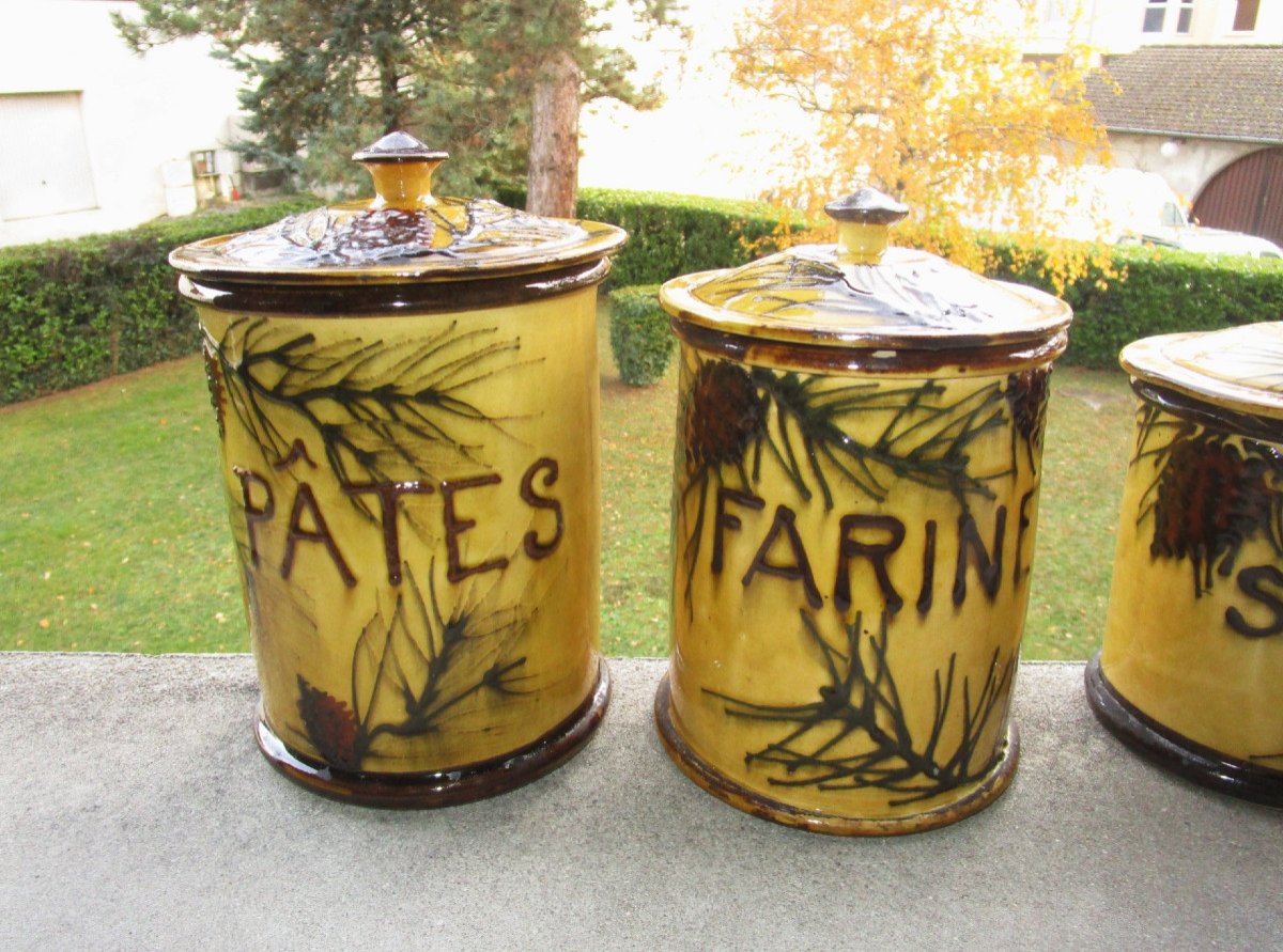 Très Belle Série De Pots à épices En Faïence Et Barbotine à Décor De Branches Et Pommes De Pin.-photo-3