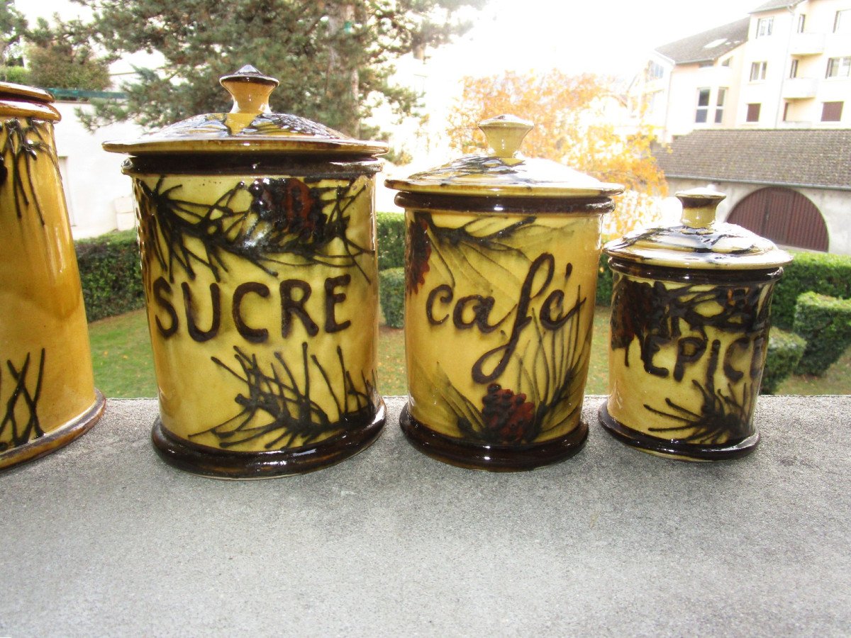 Very Beautiful Series Of Earthenware And Barbotine Spice Jars Decorated With Branches And Pine Cones.-photo-4