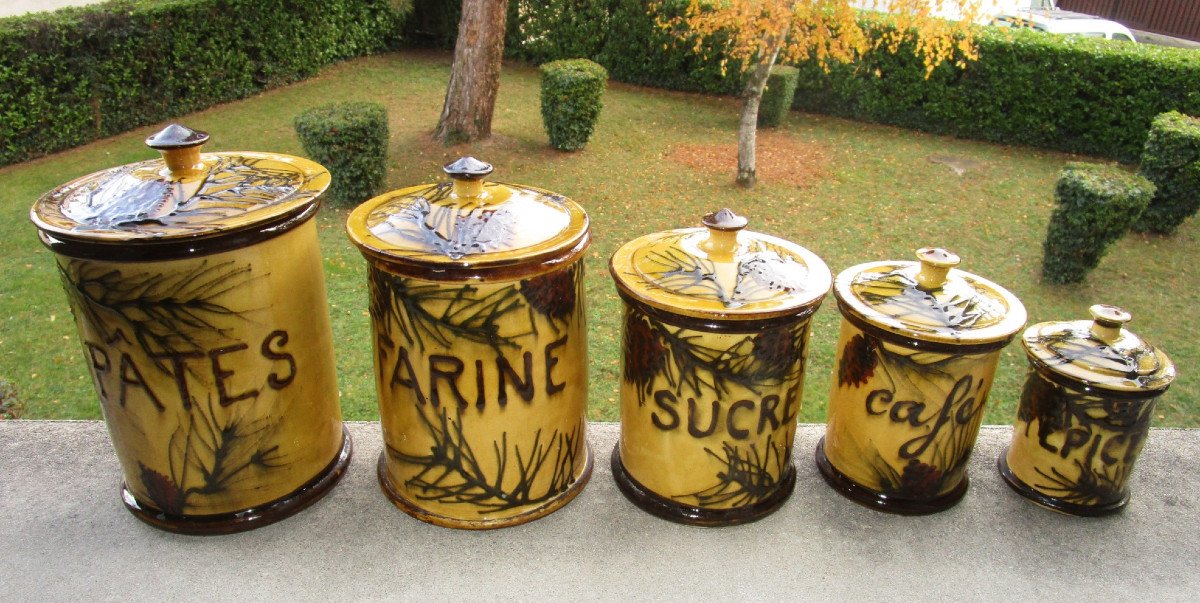 Very Beautiful Series Of Earthenware And Barbotine Spice Jars Decorated With Branches And Pine Cones.