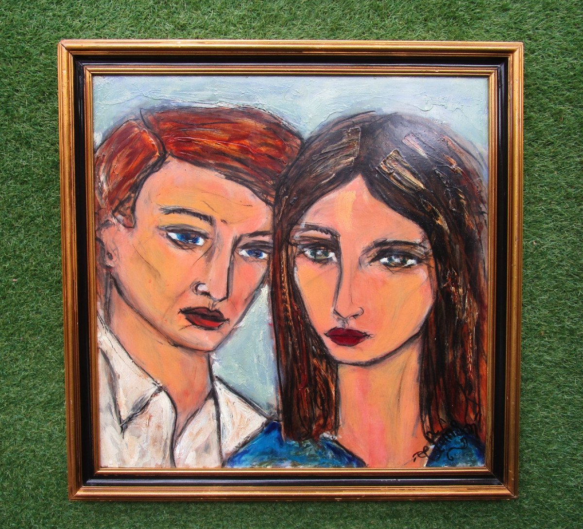 Ancien Très Beau Tableau Vers 1950 Les Amoureux De Saint Jean Huile Ou Acrylique Signé Samson.