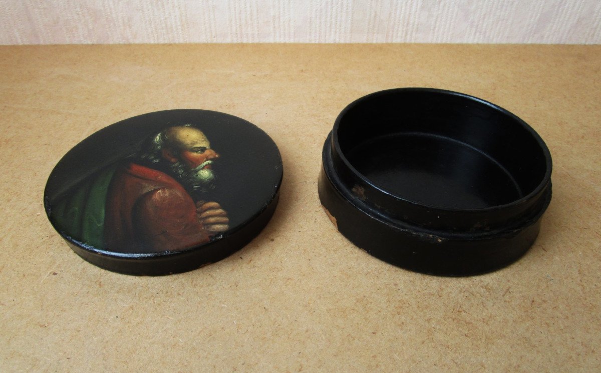 Old Beautiful Tobacco Or Confectionery Box In Black Lacquered Boiled Cardboard, 19th Century.-photo-3