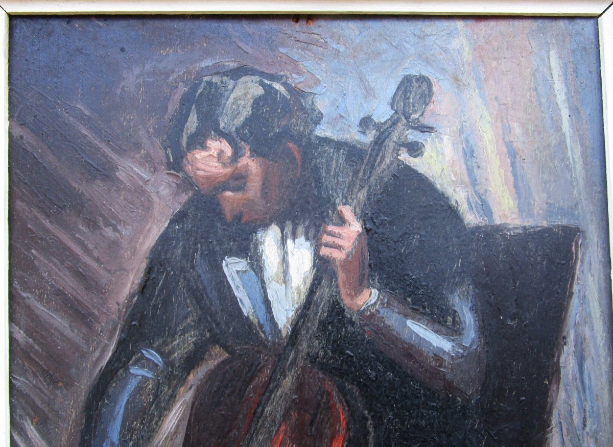 Very Beautiful Painting Signed Vosch School Of Paris The Double Bassist 1942 Oil On Canvas Double Bass-photo-2