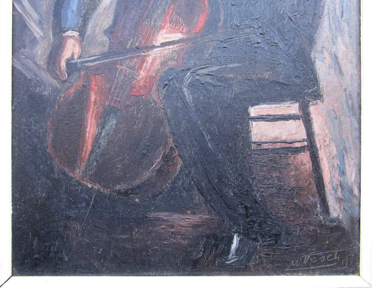 Very Beautiful Painting Signed Vosch School Of Paris The Double Bassist 1942 Oil On Canvas Double Bass-photo-4