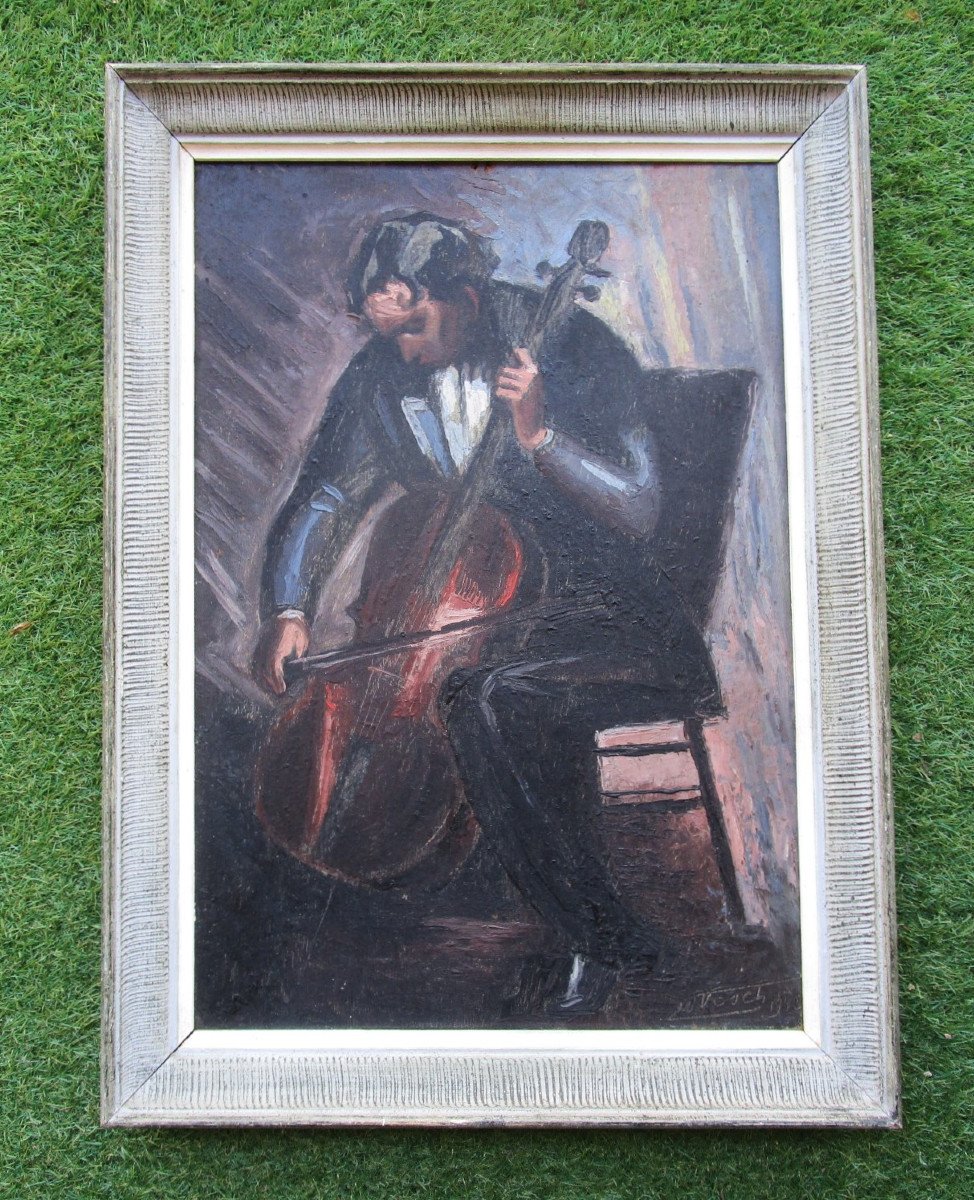 Very Beautiful Painting Signed Vosch School Of Paris The Double Bassist 1942 Oil On Canvas Double Bass