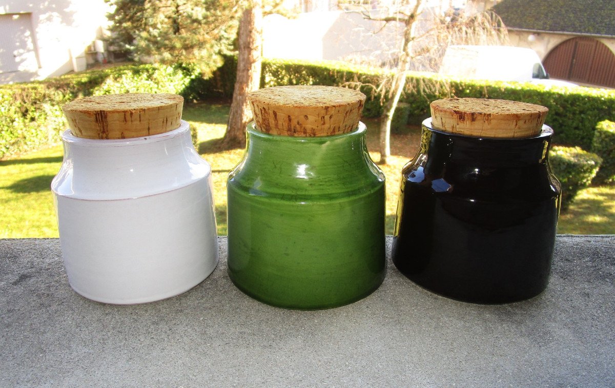 Set Of 3 Mado Jolain Spice Pots, Glazed Ceramic, 1950s Design, Vallauris.-photo-2