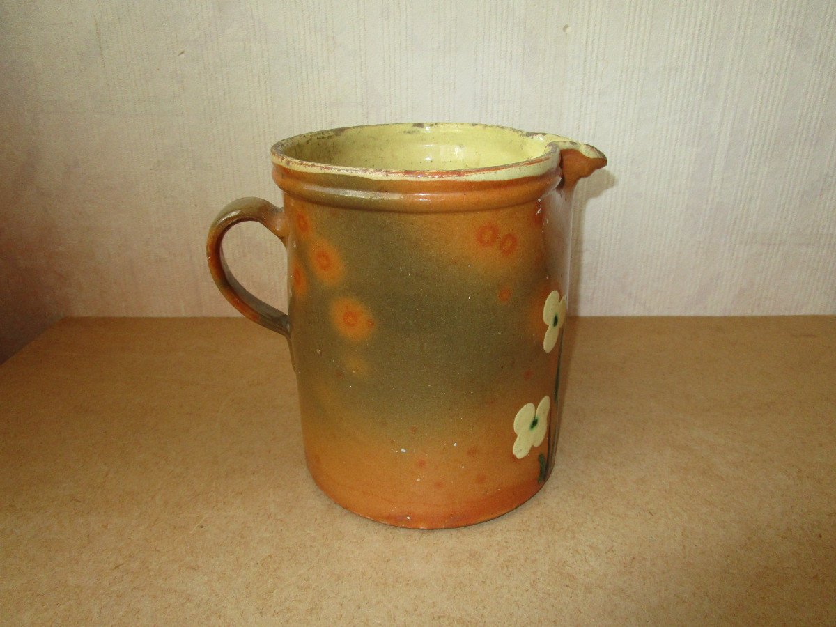 Old Beautiful Large Savoyard Pitcher Or Pot In Glazed Earthenware With Savoy Flower Decor Sispa Style-photo-2