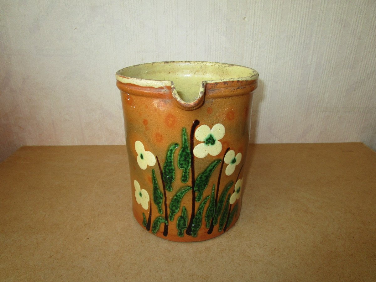 Old Beautiful Large Savoyard Pitcher Or Pot In Glazed Earthenware With Savoy Flower Decor Sispa Style