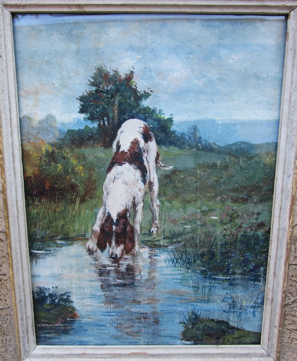 Old Very Beautiful Painting Signed Mistral Framed Under Glass Hunting Dog Springer Hunter.-photo-2