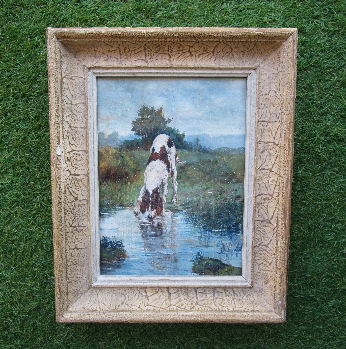 Old Very Beautiful Painting Signed Mistral Framed Under Glass Hunting Dog Springer Hunter.