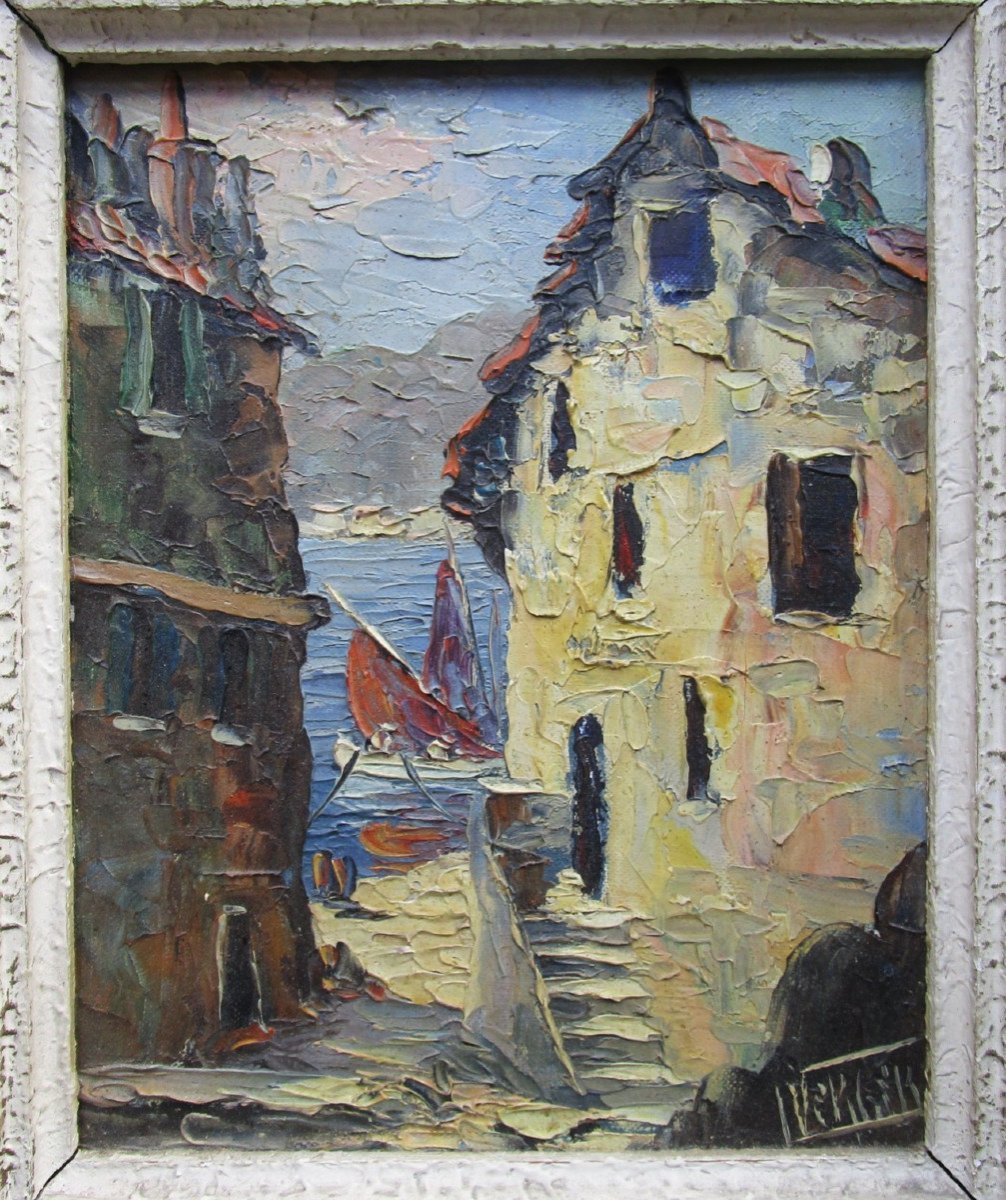 Ancien Beau Petit Tableau, Huile Sur Toile Signée, Calvi, Corse, Marine, Vers 1940.-photo-2