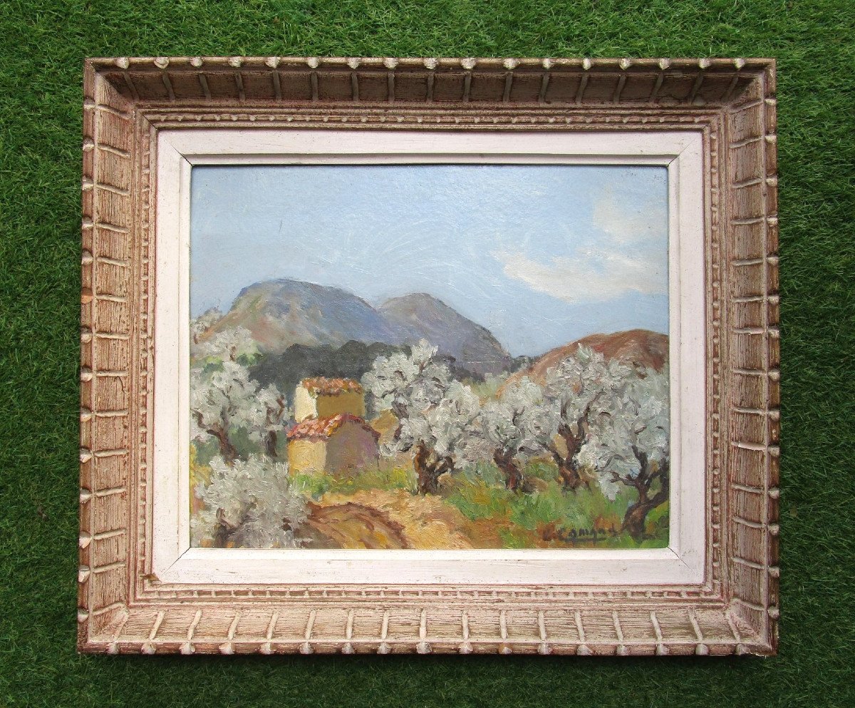 Old Very Beautiful Provencal Landscape Painting Signed, Oil On Cardboard Circa 1940 Montparnasse Frame