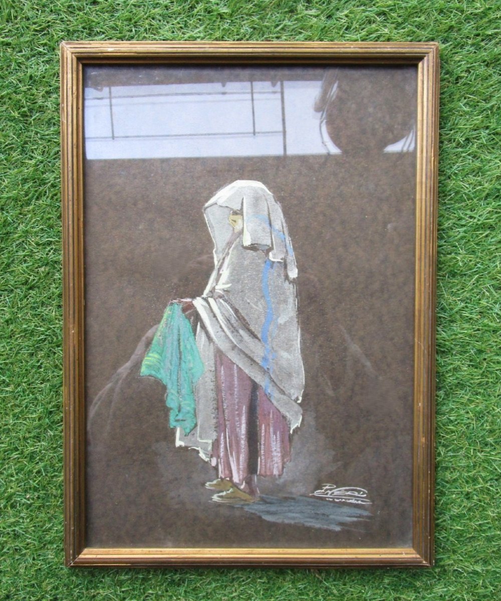 Old Beautiful Orientalist Watercolor, Painting Signed Paul Néri, Framed Under Glass.-photo-2