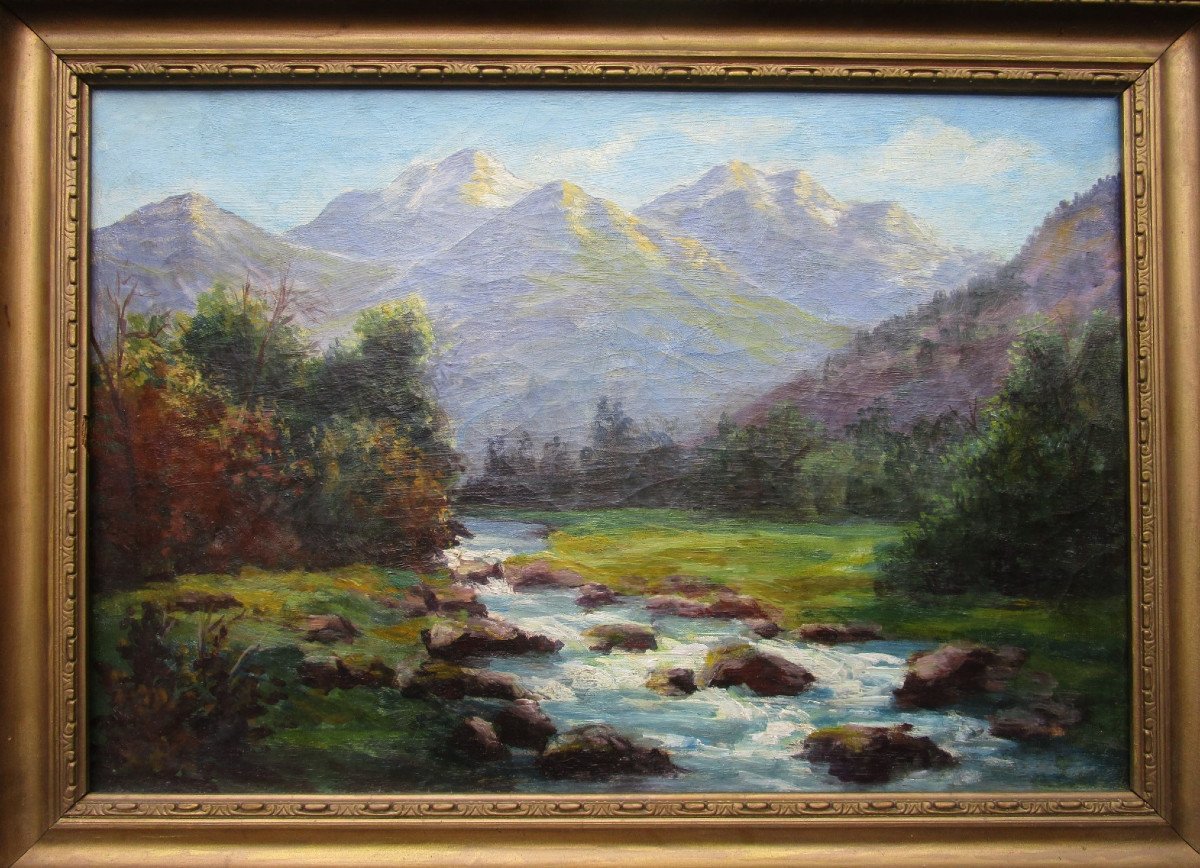 Tableau De Montagne Très Belle Huile Sur Toile Vers 1900 Grenoble Chartreuse Belledonne Oisans.-photo-2