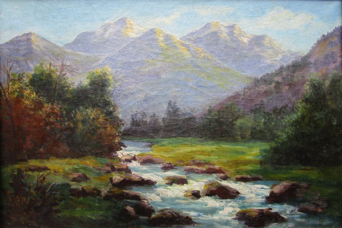 Tableau De Montagne Très Belle Huile Sur Toile Vers 1900 Grenoble Chartreuse Belledonne Oisans.-photo-3