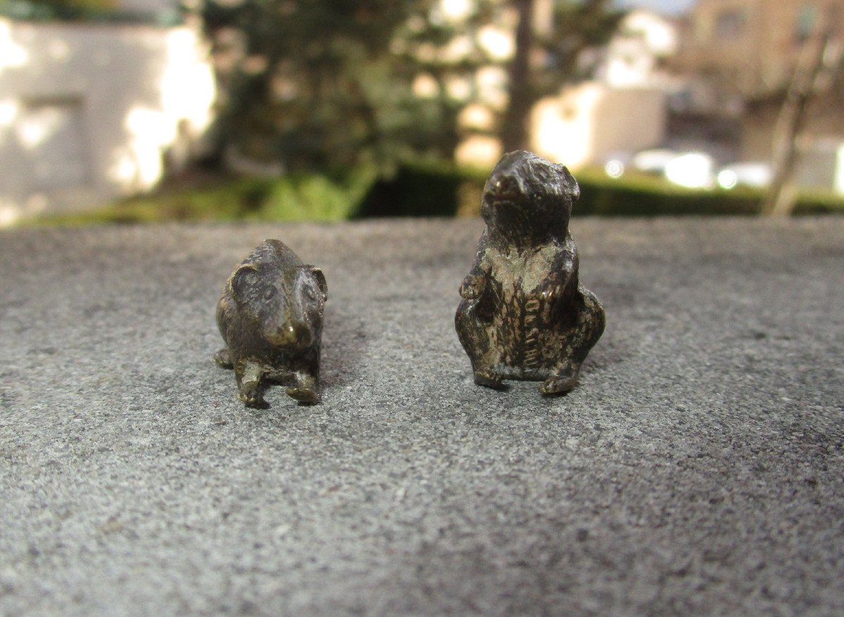 Two Beautiful Little 19th Century Bronze Mice From Vienna Signed Geschützt.-photo-3